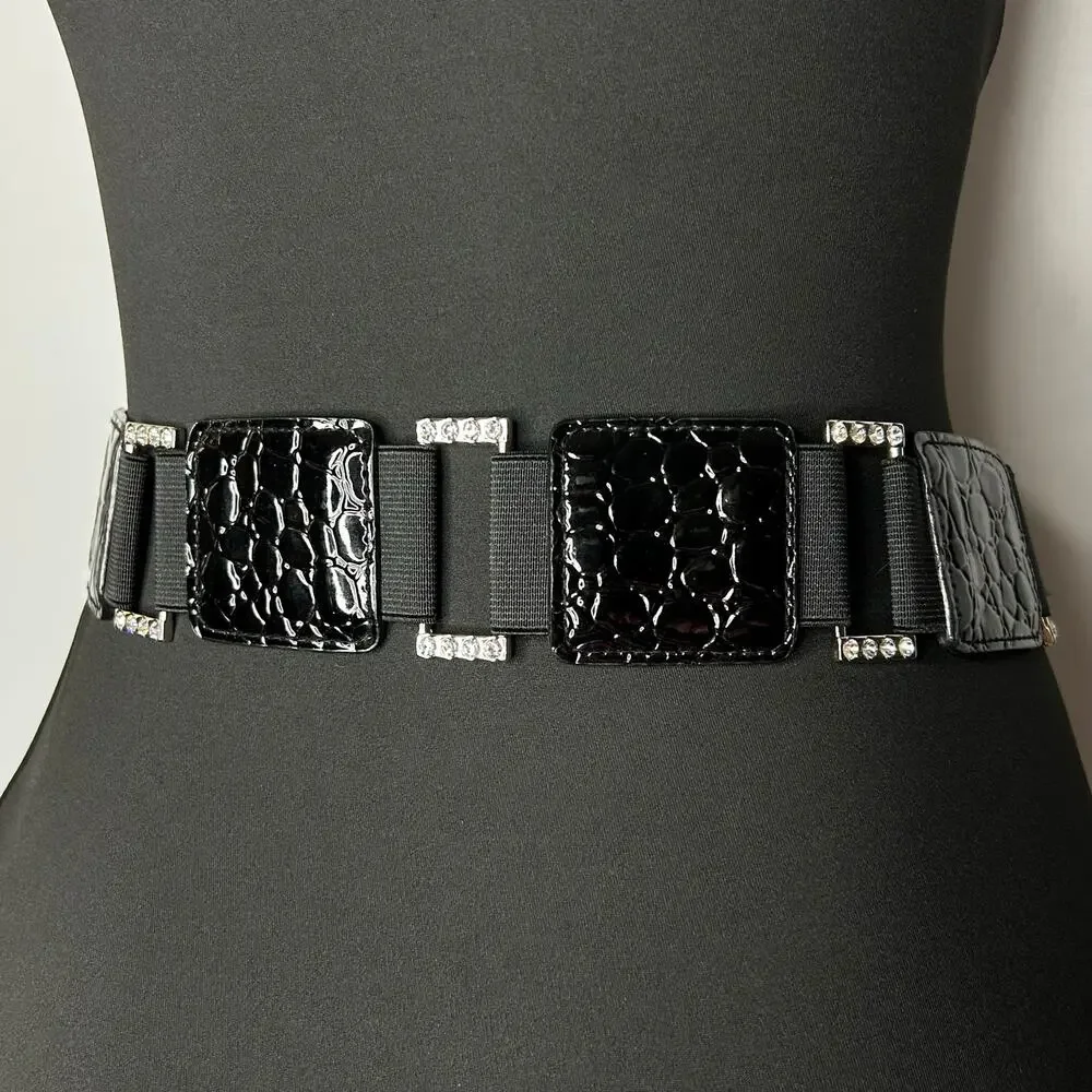 Y2K Black Faux Croc Rhinestone Stretch Hip Belt Statement Waist Belt 30”